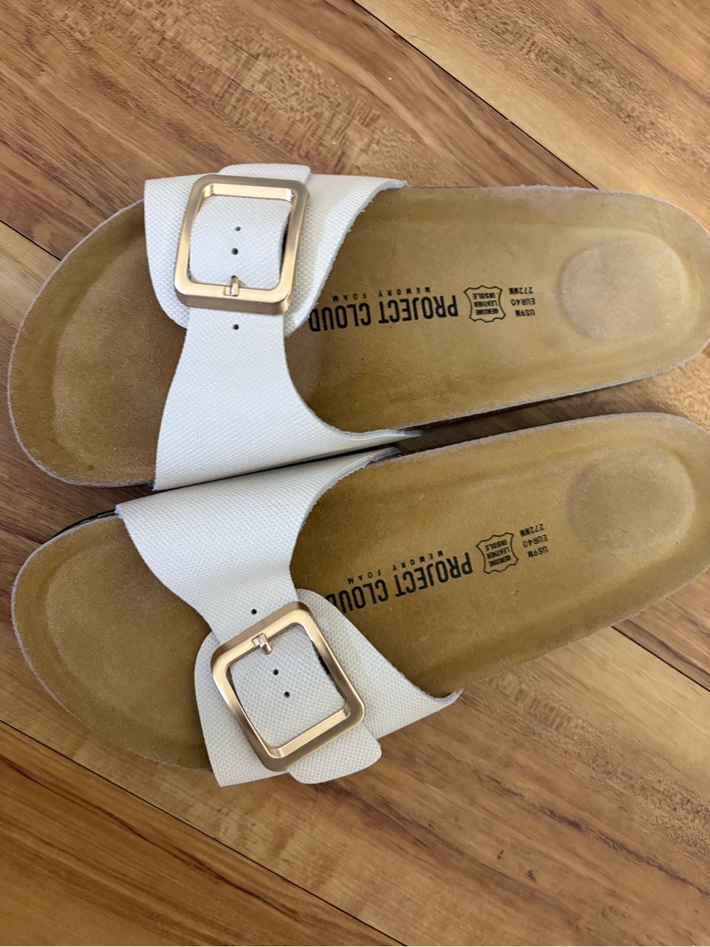 Project Cloud White Slide Sandals with Gold Buckle - Women